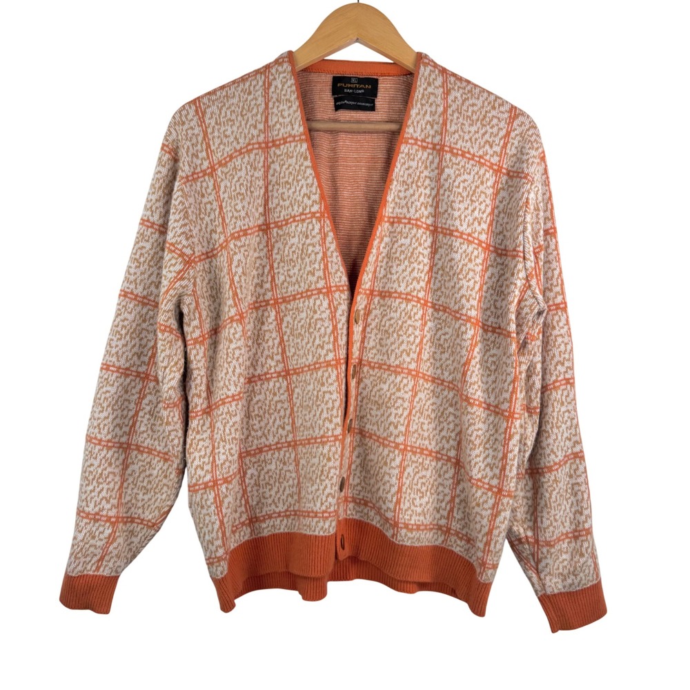 VTG Puritan Cardigan sz‎ XL Orange Ban-Lon Orlon Acrylic academia preppy